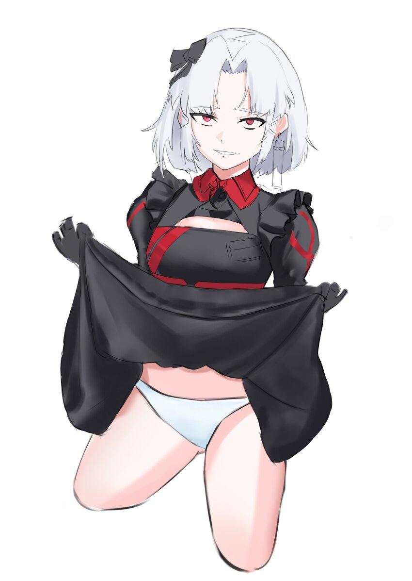 1girl, absurdres, alternate_costume, ath_what, black_dress, black_ribbon, breasts, character_name