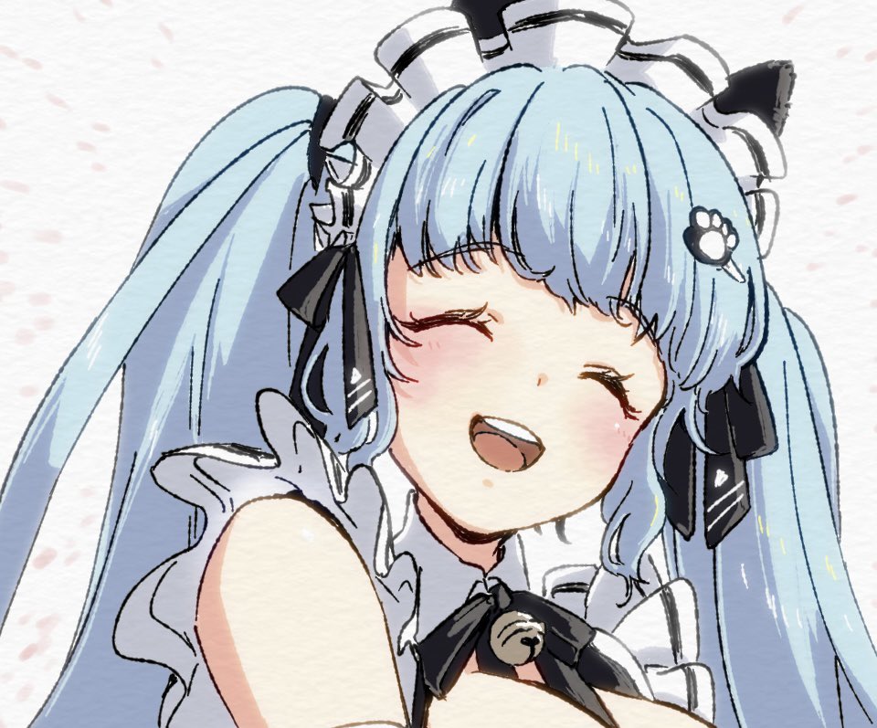 1girl, :d, animal_ears, aoi_kili, blue_hair, blush, breasts, cat_ears, fake_animal_ears, goddess_of_victory:_nikke, hair_ornament, happy, large_breasts, light_blue_hair, long_hair, maid, maid_headdress, neck_bell, official_alternate_costume, open_mouth, paw_hair_ornament, privaty_(nikke), privaty_(unkind_maid)_(nikke), smile, twintails, very_long_hair