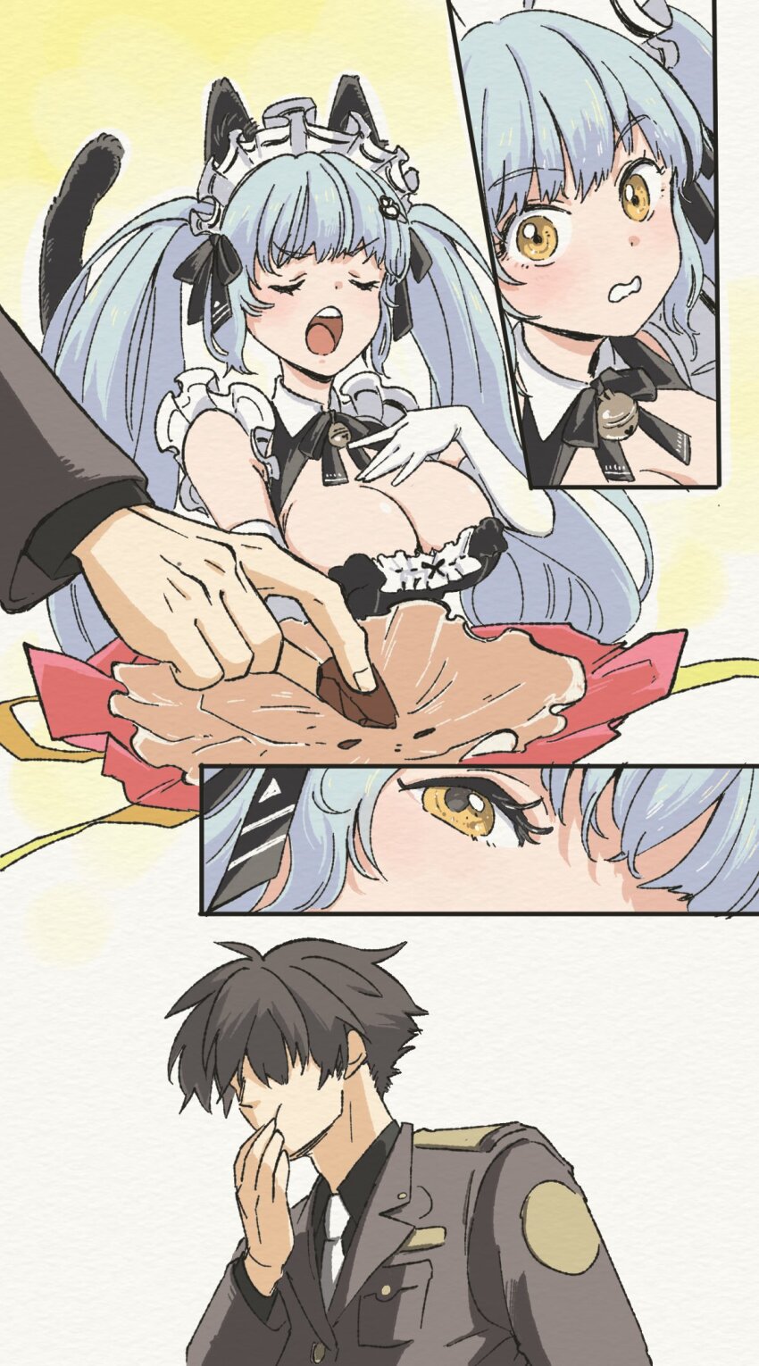 1boy, 1girl, :o, animal_ears, aoi_kili, apron, black_dress, blue_hair