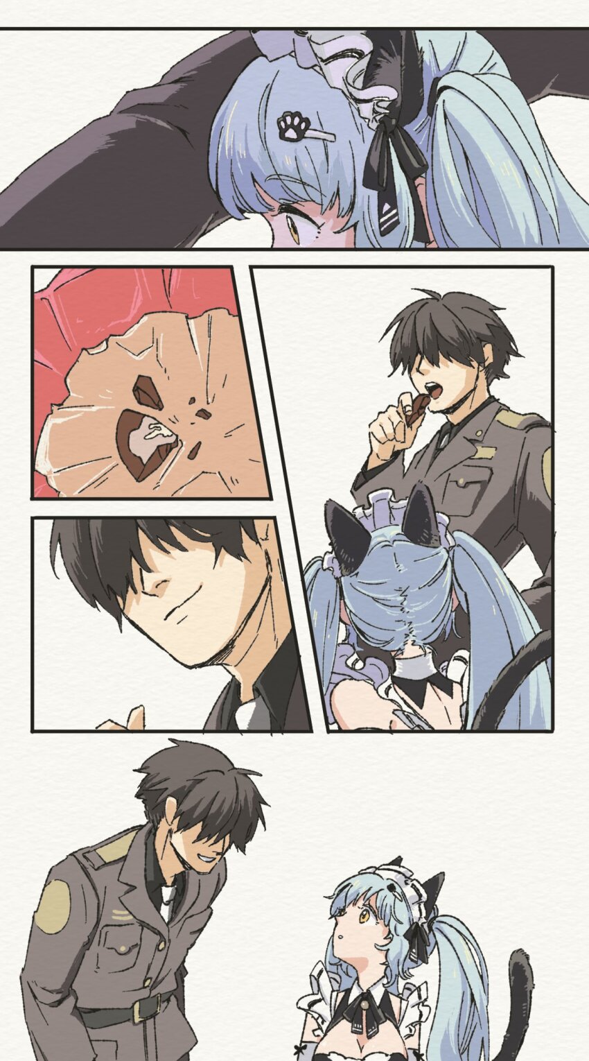 1boy, 1girl, animal_ears, aoi_kili, apron, black_dress, blue_hair, box