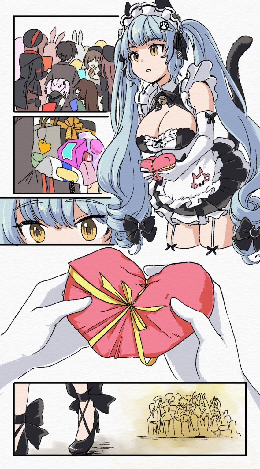 1boy, 6+girls, animal_ears, anis_(nikke), aoi_kili, apron, belorta_(nikke), black_dress