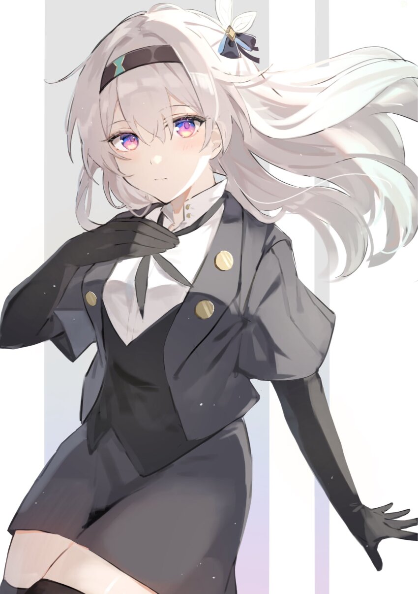 1girl, black_gloves, black_hairband, black_jacket, black_neckerchief, black_skirt, black_thighhighs, breasts