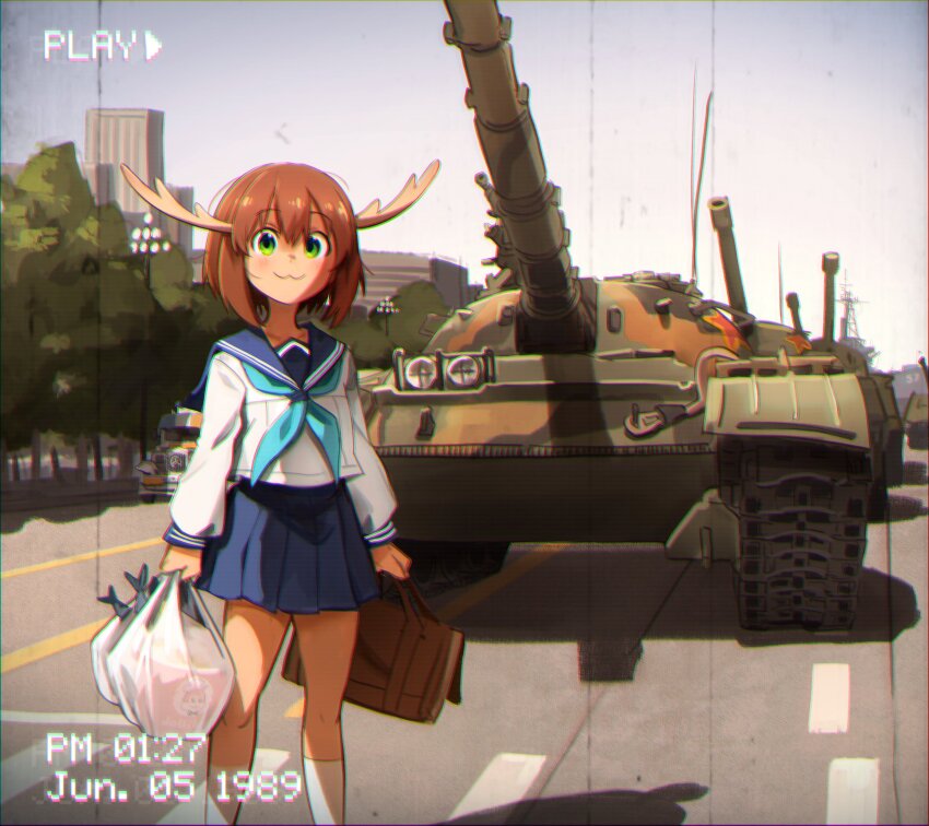 1girl, :3, absurdres, antlers, aqua_neckerchief, bag, black_skirt, blue_sailor_collar, brown_bag, brown_hair, building, camouflage, china, chromatic_aberration, closed_mouth, dated, day, fish, green_eyes, hair_between_eyes, highres, hino_minami_high_school_uniform, historical_connection, historical_event, holding, holding_bag, horns, indoors, jeepney, jollibee, khyle., kneehighs, long_sleeves, looking_at_viewer, military, military_vehicle, miniskirt, motor_vehicle, neckerchief, outdoors, pixel_text, plastic_bag, play_button, pleated_skirt, recording, red_star, road, sailor_collar, school_uniform, shadow, shikanoko_noko, shikanoko_nokonoko_koshitantan, shirt, short_hair, skirt, smile, socks, standing, star_(symbol), tank, tank_man, tank_turret, tiananmen_square, timestamp, tree, truck, type_59_(tank), white_shirt