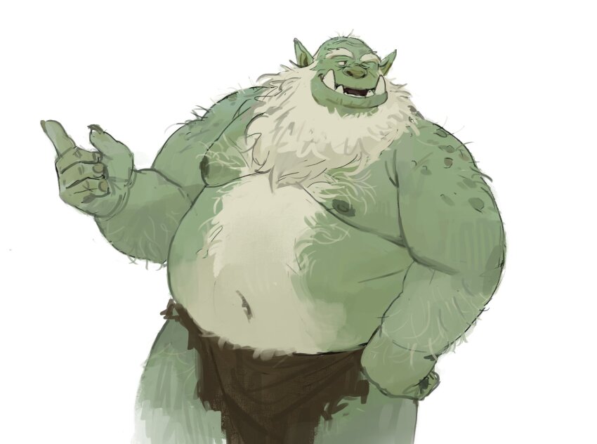 1boy, bara, beard, big_belly, body_fur, bog_(sharpysketch), colored_skin, cowboy_shot, facial_hair, fat, fat_man, full_beard, green_skin, hairy, highres, huynh_minh_duy, loincloth, male_focus, mature_male, monster_boy, navel, nipples, old, old_man, orc, original, pointy_ears, second-party_source, solo, standing, stomach, thick_beard, thick_eyebrows, thick_navel_hair, topless_male, tusks