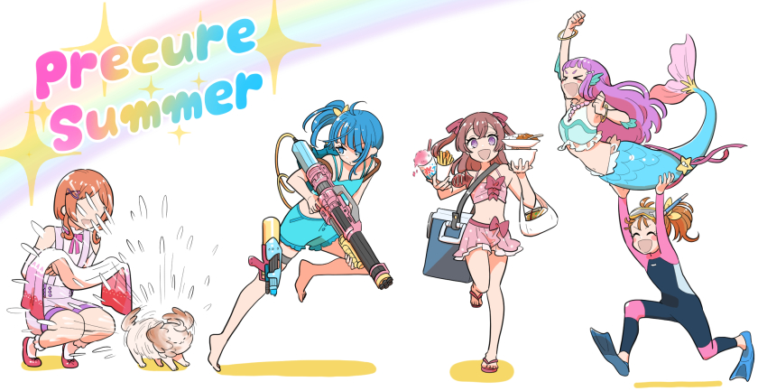 6+girls, animal, black_wetsuit, bodysuit, bow, curry, delicious_party_precure, diving_suit