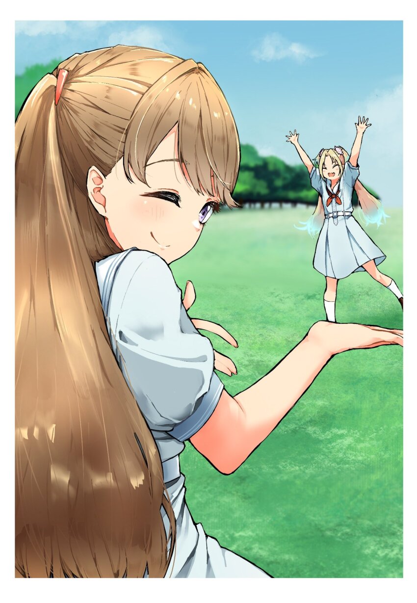 2girls, ;), ^_^, ankle_socks, arms_up, blonde_hair, blue_hair, blue_sky