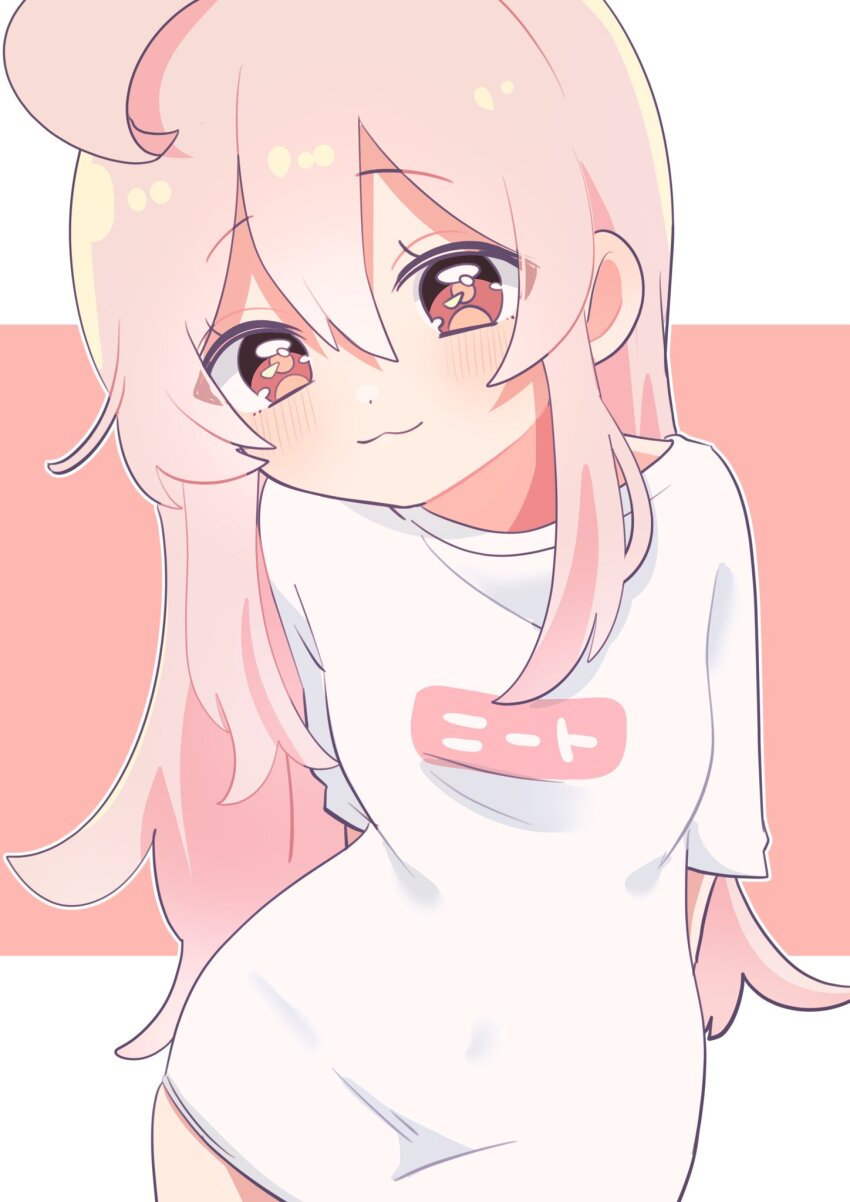 09hkr, 1girl, :3, ahoge, arms_behind_back, brown_eyes, commentary, eyes_visible_through_hair