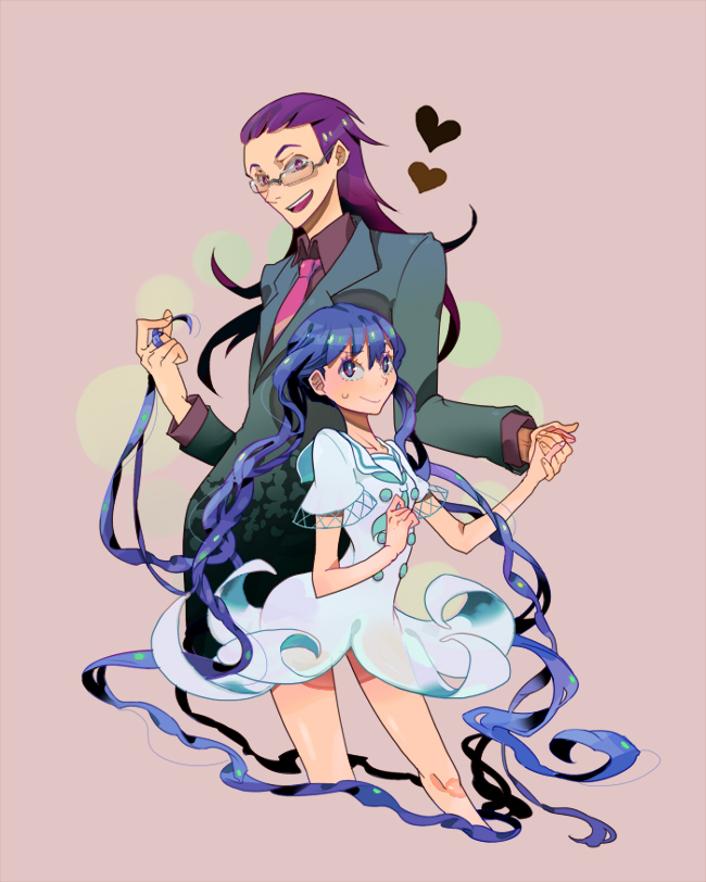 1boy, 1girl, blue_eyes, blue_hair, brown_eyes, dress, formal_clothes, glasses