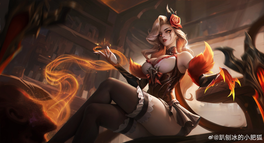 1girl, absurdres, arm_support, artist_name, blonde_hair, breasts, claws, crossed_legs, earrings, evelynn_(league_of_legends), feet_out_of_frame, fingernails, flower, hair_flower, hair_ornament, high_noon_evelynn, highres, indoors, jewelry, large_breasts, league_of_legends, long_hair, looking_at_viewer, official_alternate_costume, official_alternate_hairstyle, pa_baobing, parted_lips, red_flower, red_rose, rose, signature, single_earring, sitting, solo, table, yellow_eyes