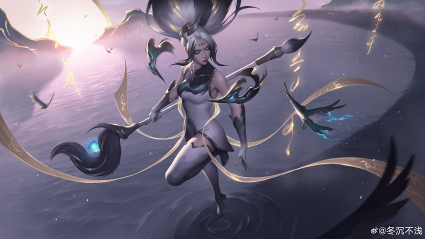 1girl, absurdres, alternate_costume, artist_name, bird, black_gloves, boots, closed_eyes, dongchenbuqian, elbow_gloves, facial_mark, floating, forehead_mark, full_body, gloves, highres, janna_(league_of_legends), league_of_legends, long_hair, ocean, outdoors, shadow, sidelocks, signature, sleeveless, solo, standing, standing_on_one_leg, sunlight, two-tone_gloves, water, white_boots, white_gloves