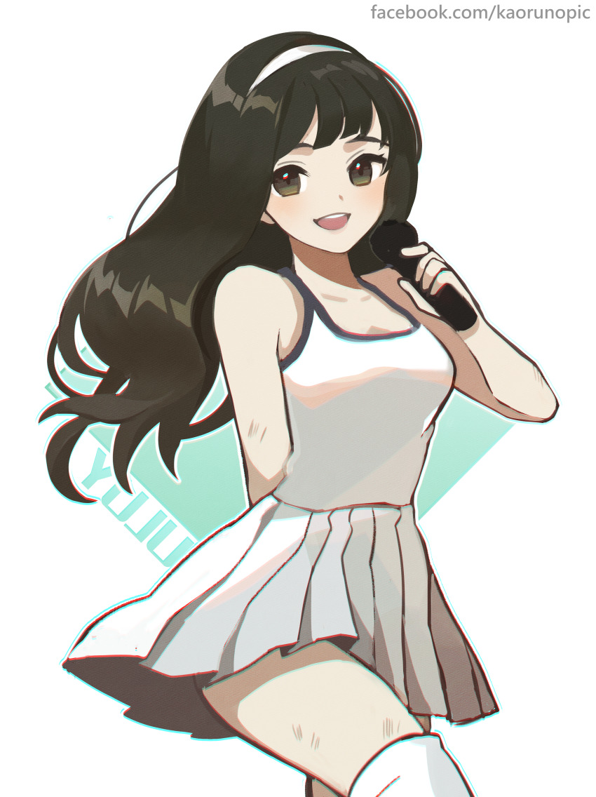 1girl, absurdres, animification, arm_behind_back, brown_eyes, brown_hair, character_name, chinese_commentary, chromatic_aberration, commentary, cowboy_shot, facebook_username, floating_hair, gfriend, headband, highres, holding, holding_microphone, k-pop, kaoruru_(sakuno2911), knee_pads, long_hair, microphone, real_life, single_knee_pad, skirt, smile, solo, white_headband, yuju_(gfriend)