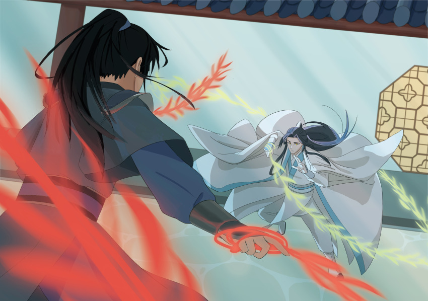 2boys, architecture, black_hair, chu_wanning, east_asian_architecture, erha_he_ta_de_bai_mao_shizun, eye_contact, fighting