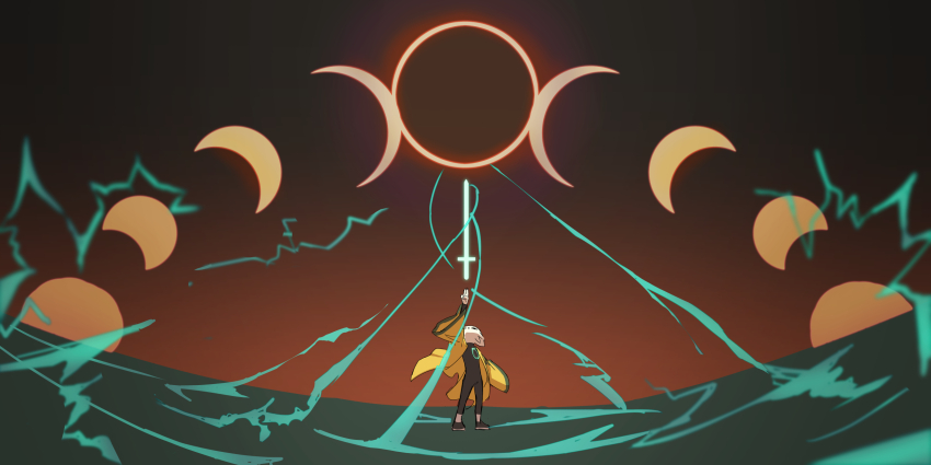 arm_up, black_bodysuit, black_footwear, bodysuit, furry, highres, jacket, moon_phases, nine_sols, solo, sword, weapon, wide_sleeves, windrider404, yellow_jacket, yi_(nine_sols)