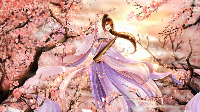 1girl, absurdres, anhuijinyu_(budinziailun), brown_hair, cherry_blossoms, chinese_clothes, closed_umbrella, highres, hua_jianghu_zhi_bei_mo_ting, jewelry, lipstick, long_hair, looking_at_viewer, makeup, necklace, outdoors, parasol, petals, ponytail, purple_eyes, si_kongqi_(hua_jianghu_zhi_bei_mo_ting), smoke, solo, standing, sunrise, umbrella, wide_sleeves