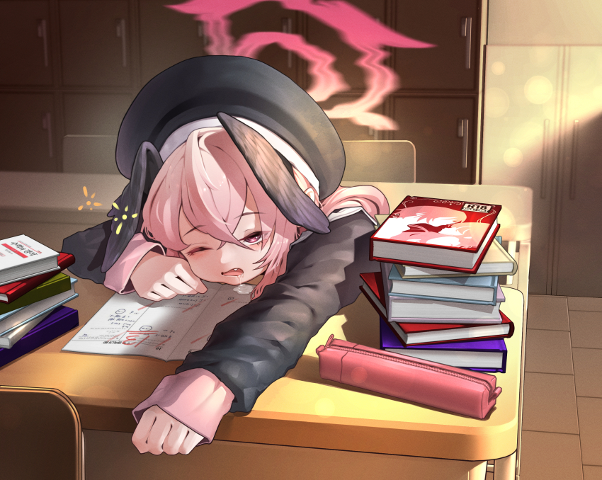 1girl, academic_test, beret, black_hat, black_shirt, black_wings, blue_archive, book