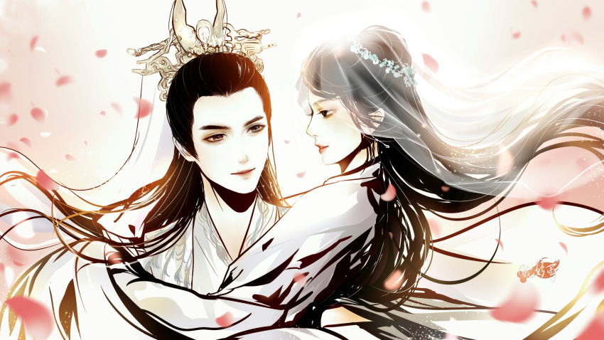 1boy, 1girl, anhuijinyu_(budinziailun), ashes_of_love, black_hair, eye_contact, hair_bun, headpiece