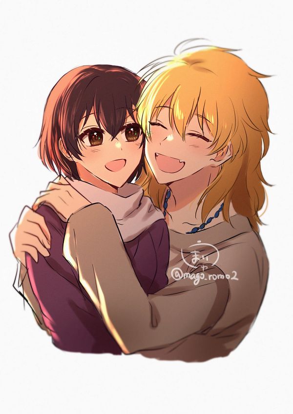 1boy, 1girl, akatsuki_no_yona, blonde_hair, blush, brown_eyes, brown_hair, brown_sweater