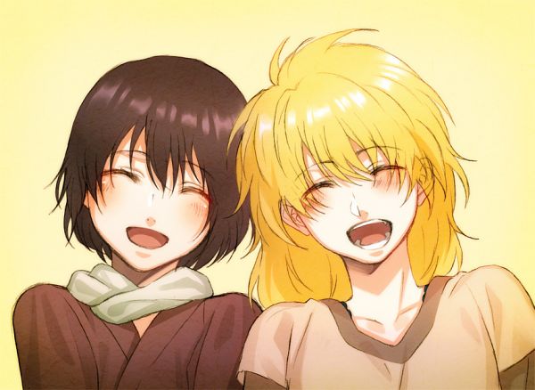 1boy, 1girl, akatsuki_no_yona, blonde_hair, brown_hair, brown_shirt, closed_mouth, happy, husband_and_wife, kaya_(akatsuki_no_yona), long_hair, open_mouth, shirt, simple_background, smile, tongue, tongue_out, white_shirt, yellow_background, zeno_(akatsuki_no_yona)
