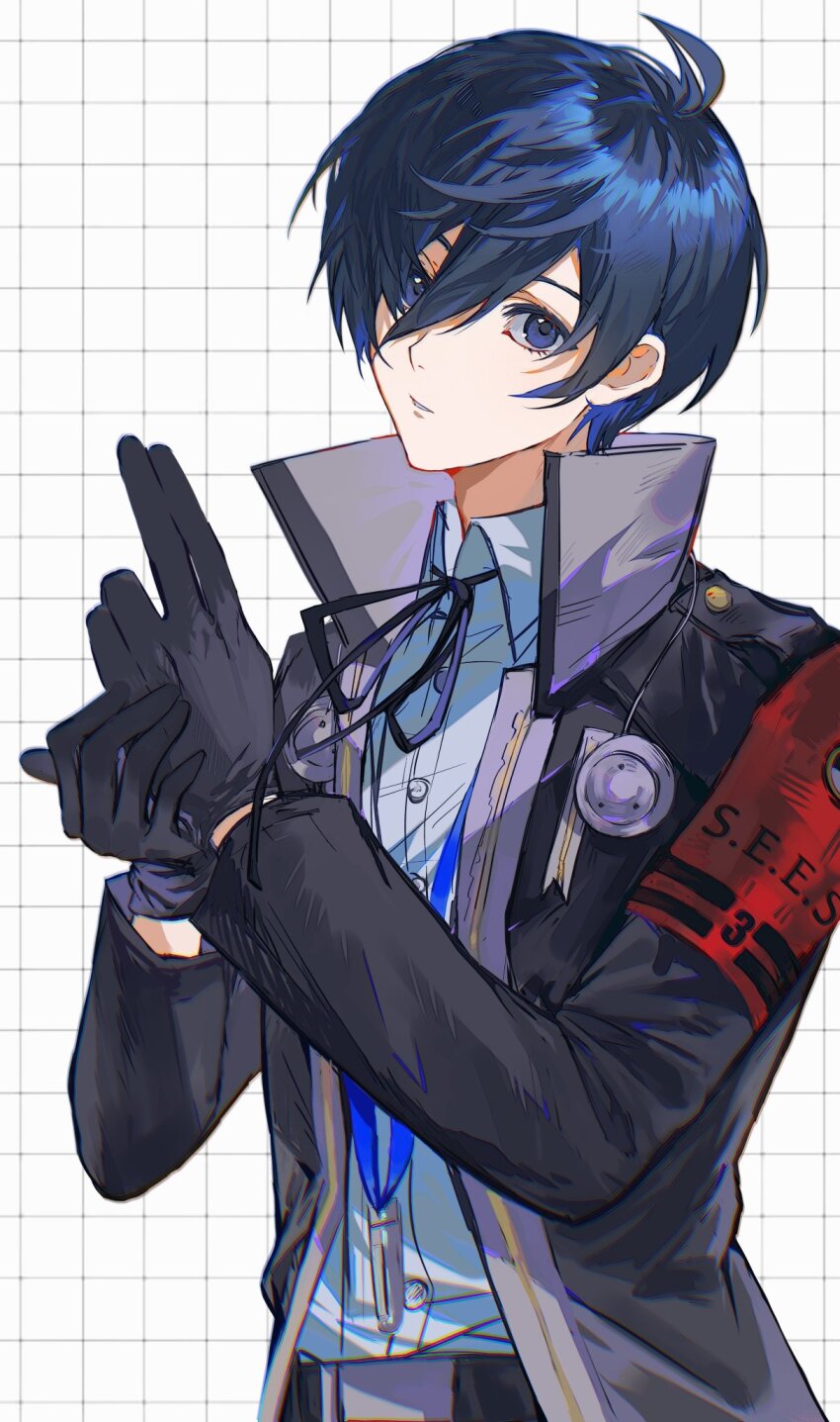 1boy, adjusting_clothes, adjusting_gloves, armband, belt, black_gloves, black_jacket, black_ribbon
