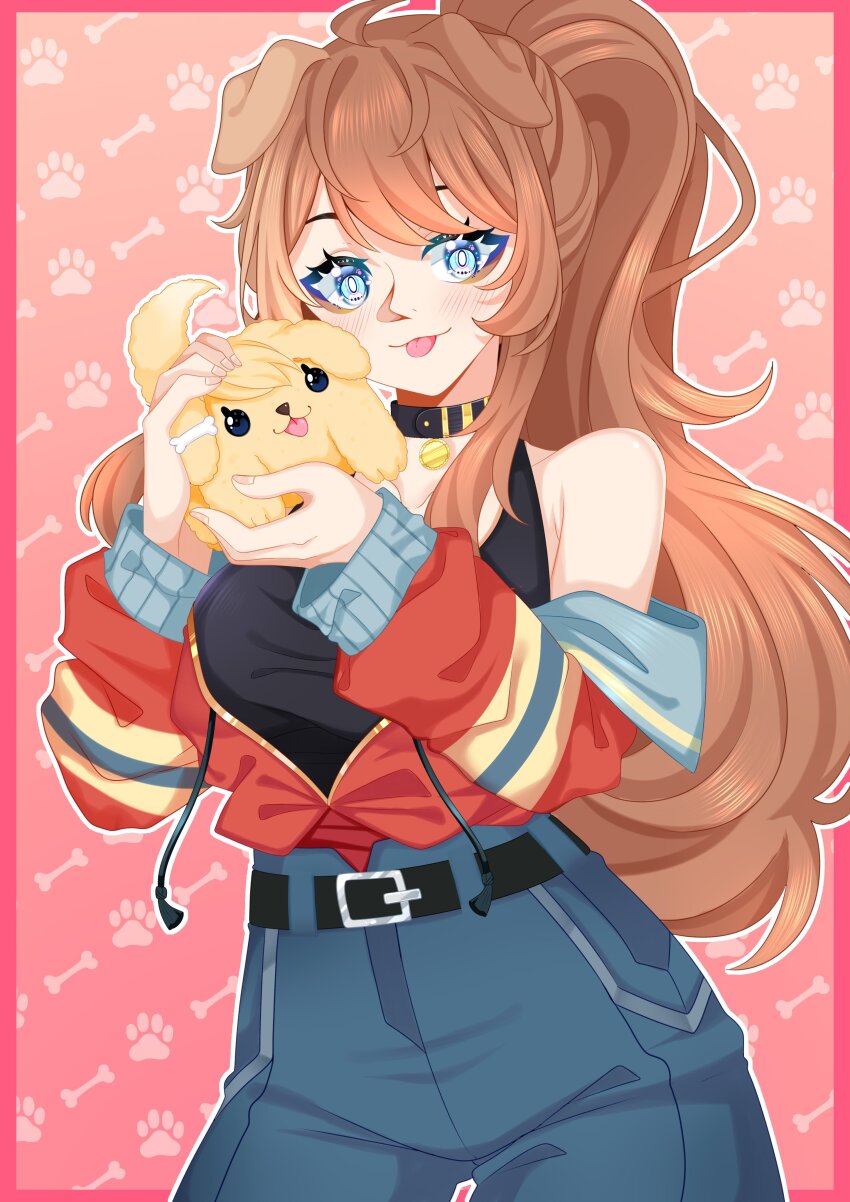 1girl, :p, absurdres, animal_ears, bare_shoulders, belt, black_belt, black_shirt, blue_eyes, blue_jacket, blue_pants, blush, breasts, brown_hair, carrying, carrying_animal, closed_mouth, collar, collarbone, cowboy_shot, denim, dog, dog_ears, dog_girl, eyebrows, eyelashes, female_focus, ghostcandy_uwu, happy, highres, indie_virtual_youtuber, jacket, jacket_partially_removed, large_breasts, lilybell_(vtuber), long_hair, long_sleeves, looking_at_viewer, multicolored_jacket, off-shoulder_jacket, off_shoulder, oneeshi, open_clothes, open_jacket, orange_jacket, pants, pink_background, ponytail, shirt, simple_background, sleeveless, sleeveless_shirt, smile, solo, standing, tongue, tongue_out, very_long_hair, virtual_youtuber, yellow_jacket
