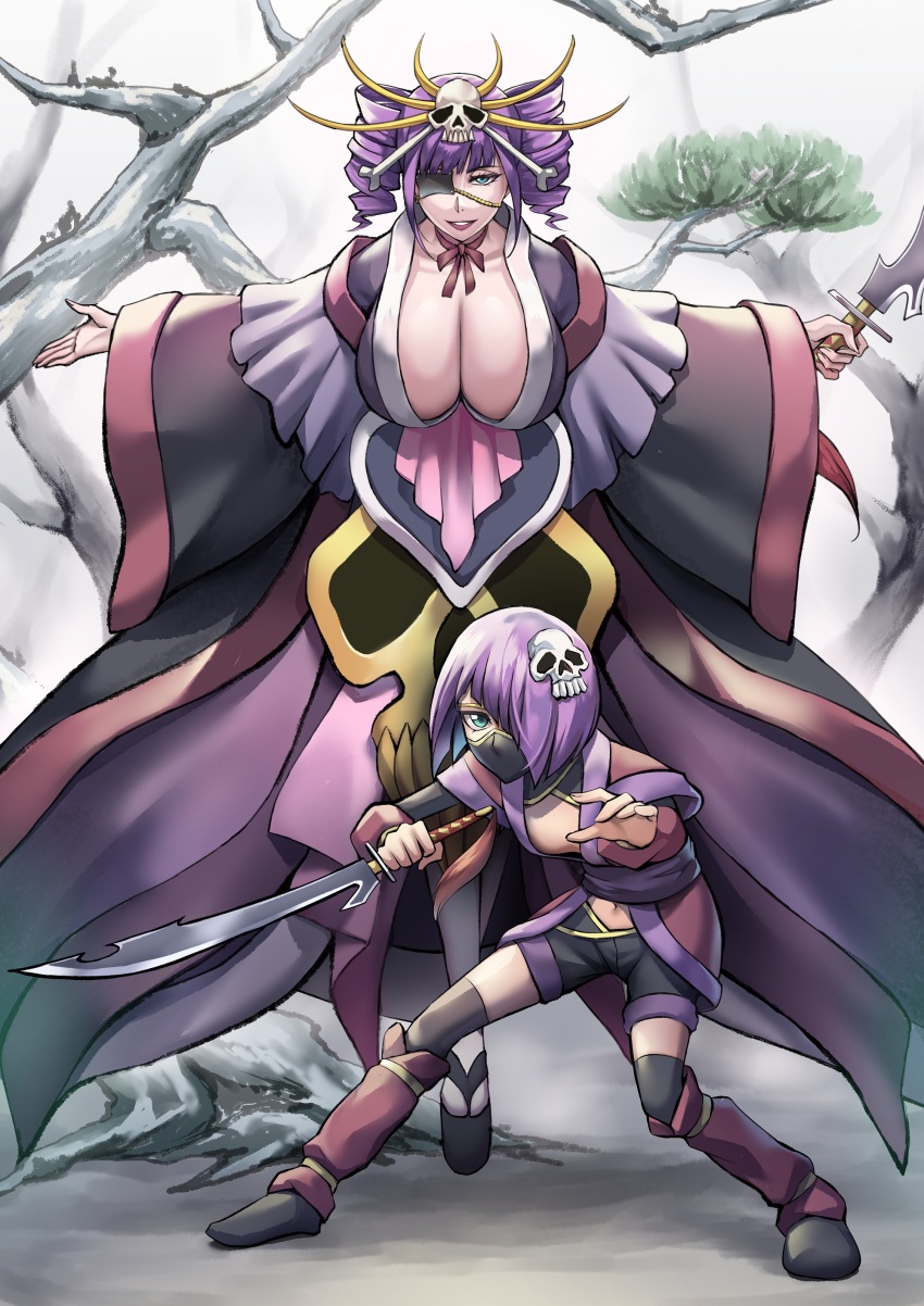 2girls, absurdres, bare_tree, black_footwear, black_kimono, black_shorts, black_thighhighs, bleach, blue_eyes, blunt_bangs, bone_hair_ornament, breasts, cleavage, collarbone, commentary_request, downblouse, drill_hair, eyelashes, eyepatch, fighting_stance, flying, full_body, hair_ornament, hair_over_one_eye, highres, holding, holding_sword, holding_weapon, huge_breasts, japanese_clothes, katen_kyoukotsu, katen_kyoukotsu_(shikai), kimono, leaning_forward, long_sleeves, looking_at_viewer, mask, mature_female, medium_hair, mouth_mask, multiple_girls, navel, neck_ribbon, one_eye_covered, outstretched_arms, parted_lips, purple_hair, red_lips, red_ribbon, ribbon, sakuya_(liao_kj), short_hair, shorts, simple_background, skull_hair_ornament, small_breasts, smile, standing, straight-on, sword, tabi, thighhighs, tree, tsurime, twin_drills, weapon, wide_sleeves