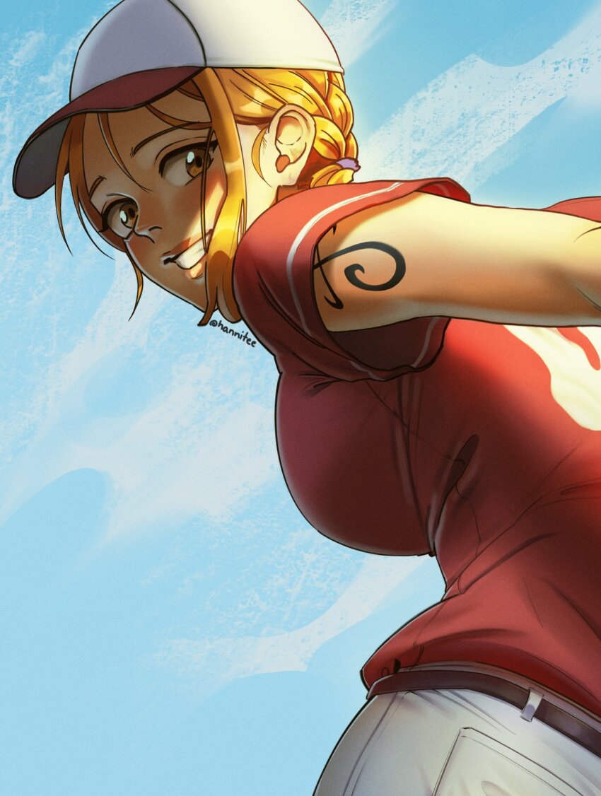 1girl, baseball_cap, belt, blue_sky, braid, breasts, cloud, cloudy_sky