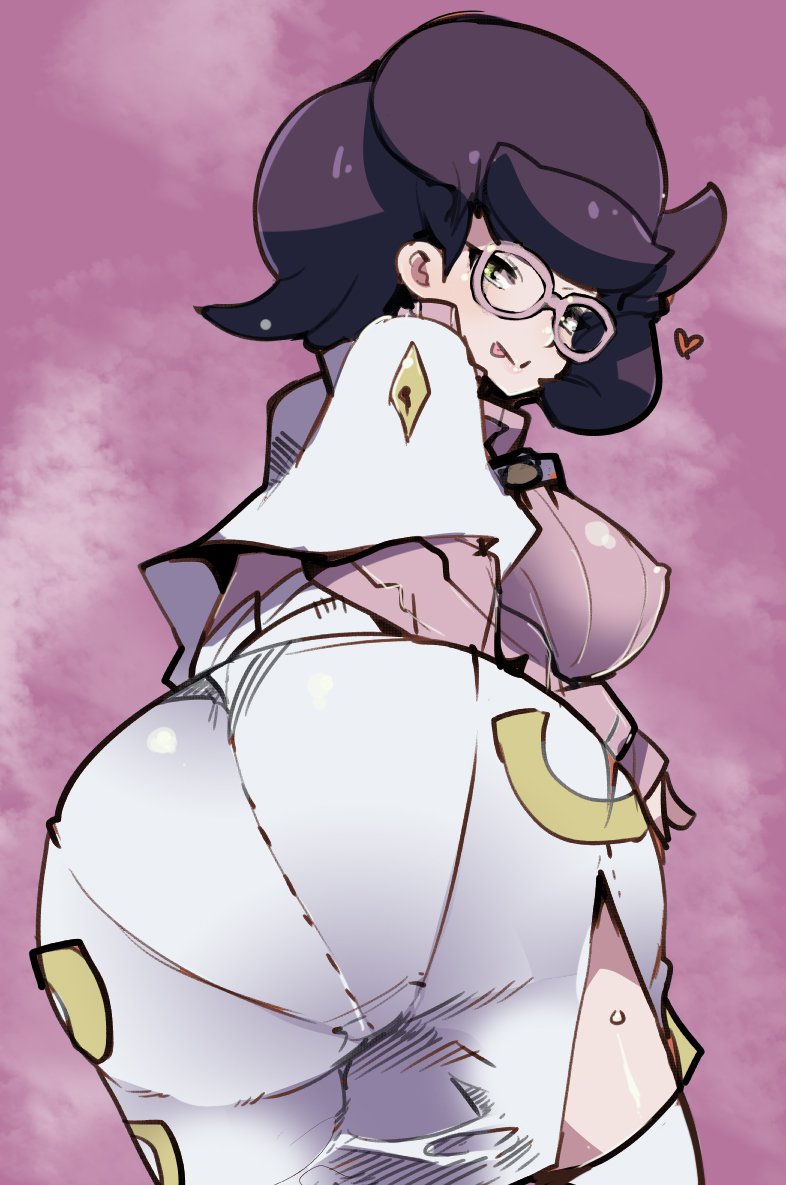 1girl, :>, adjusting_skirt, ass, ass_focus, big_hair, boots, breasts