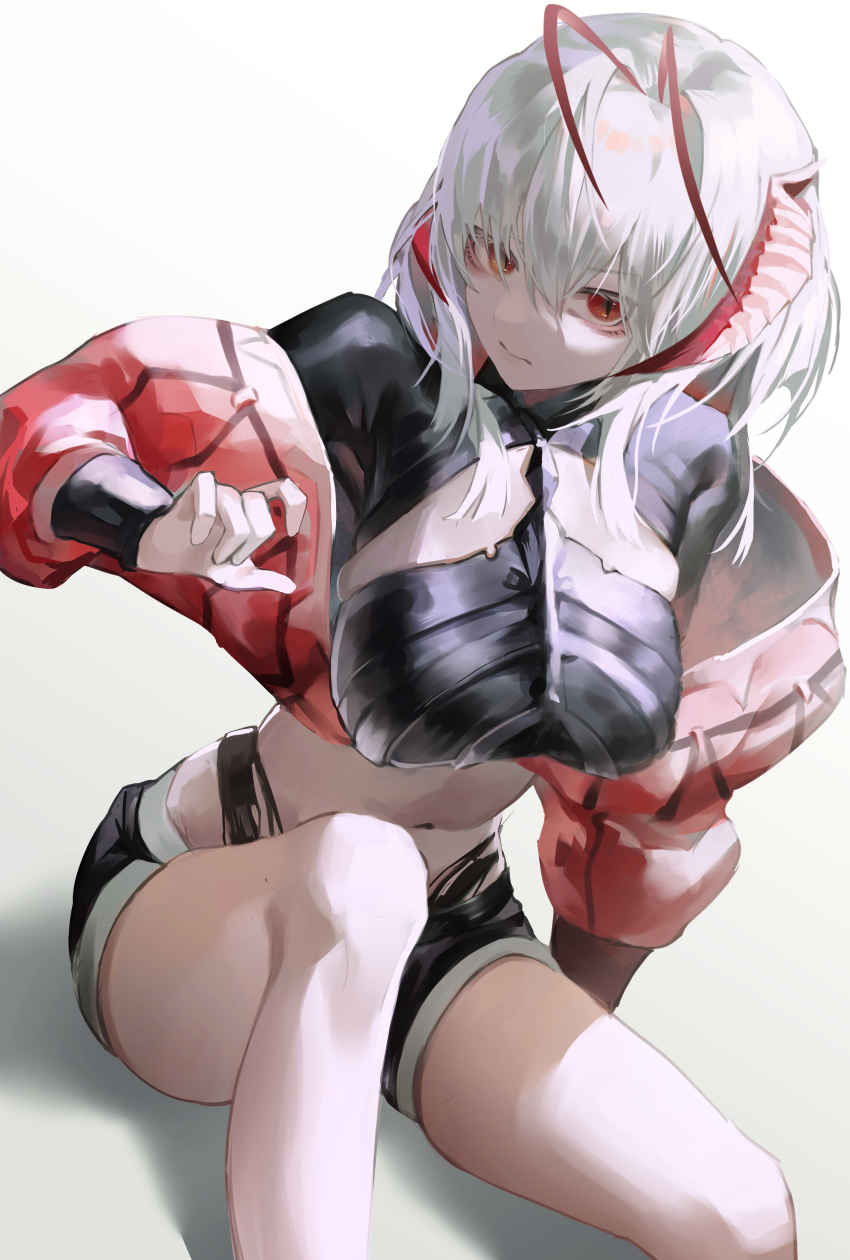 1girl, absurdres, antenna_hair, arknights, black_shirt, black_shorts, breasts, closed_mouth