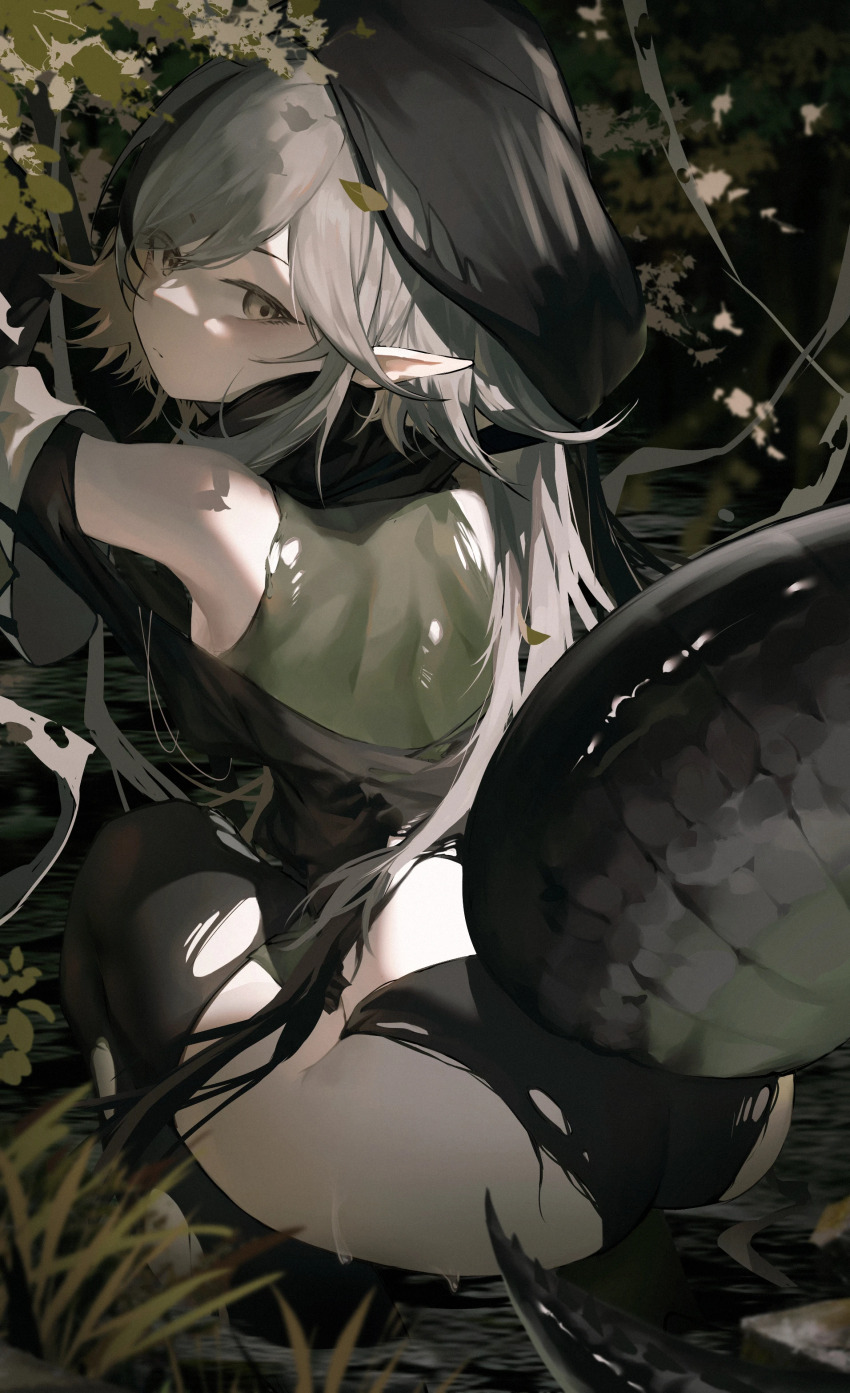 1girl, absurdres, arknights, arm_up, ass, bare_shoulders, black_hood, black_panties, black_thighhighs, closed_mouth, commentary_request, crocodilian_tail, from_behind, green_shirt, grey_eyes, grey_hair, highres, large_tail, long_hair, looking_at_viewer, looking_back, panties, pointy_ears, qian_deng_bai_wang, shirt, sleeveless, sleeveless_shirt, solo, squatting, tail, thighhighs, tomimi_(arknights), torn_clothes, torn_panties, torn_shirt, torn_thighhighs, underwear, wading, water, wet