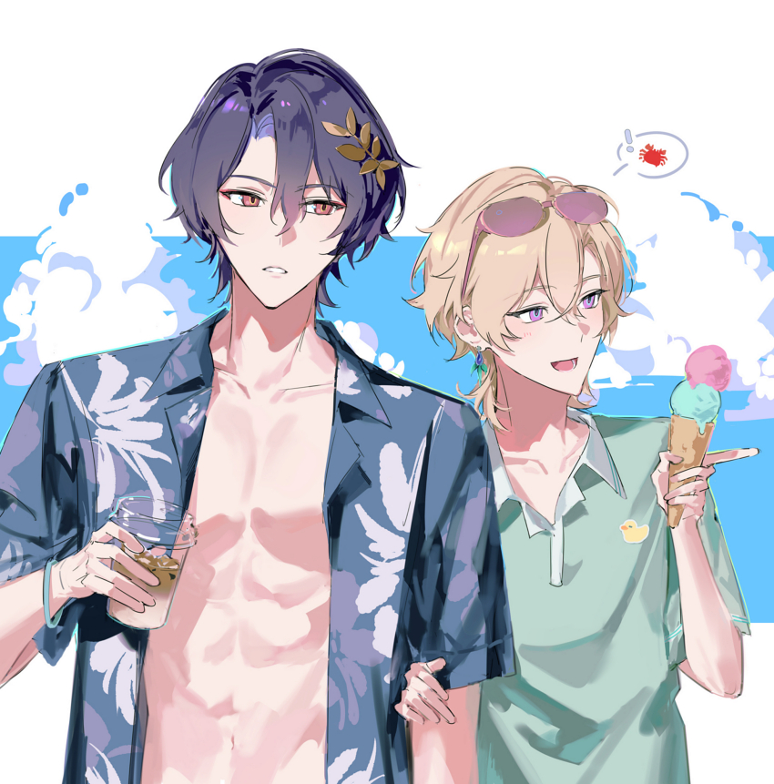 2boys, abs, arm_hug, aventurine_(honkai:_star_rail), beachwear, blonde_hair, blue_hair, blue_shirt