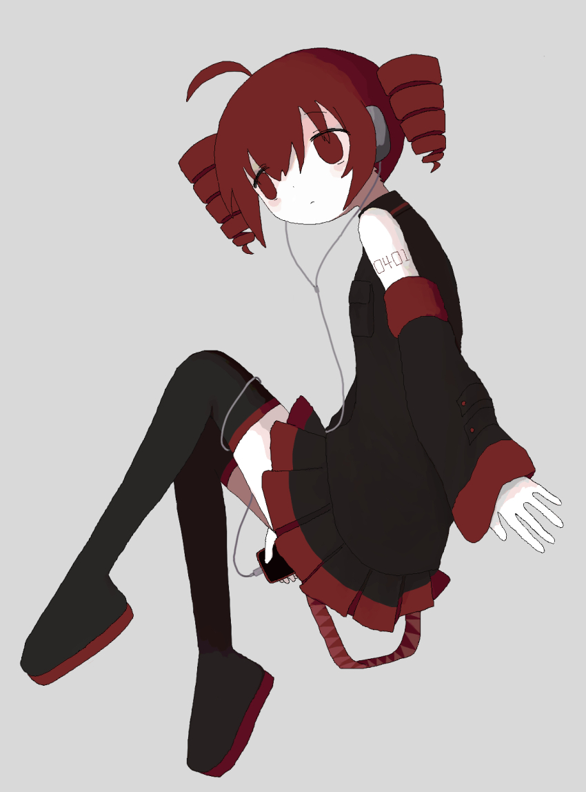 1girl, ahoge, bare_shoulders, black_boots, black_shirt, black_skirt, black_sleeves, boots