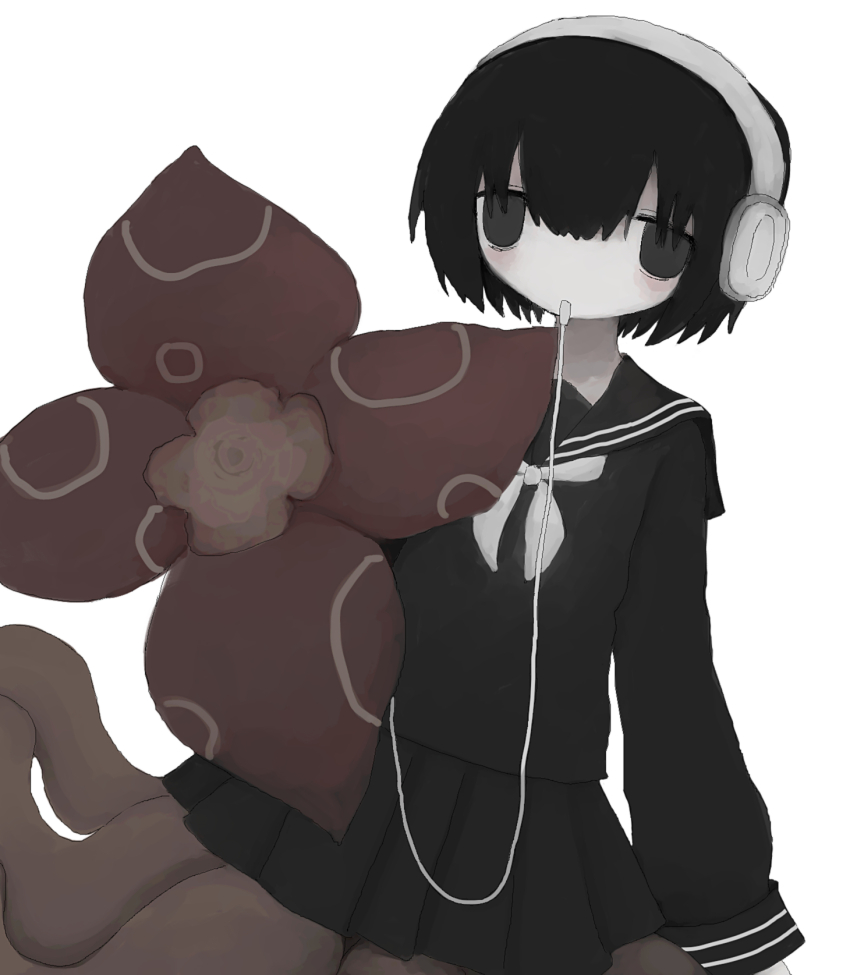 1girl, black_eyes, black_hair, black_sailor_collar, black_serafuku, black_shirt, black_skirt, cable