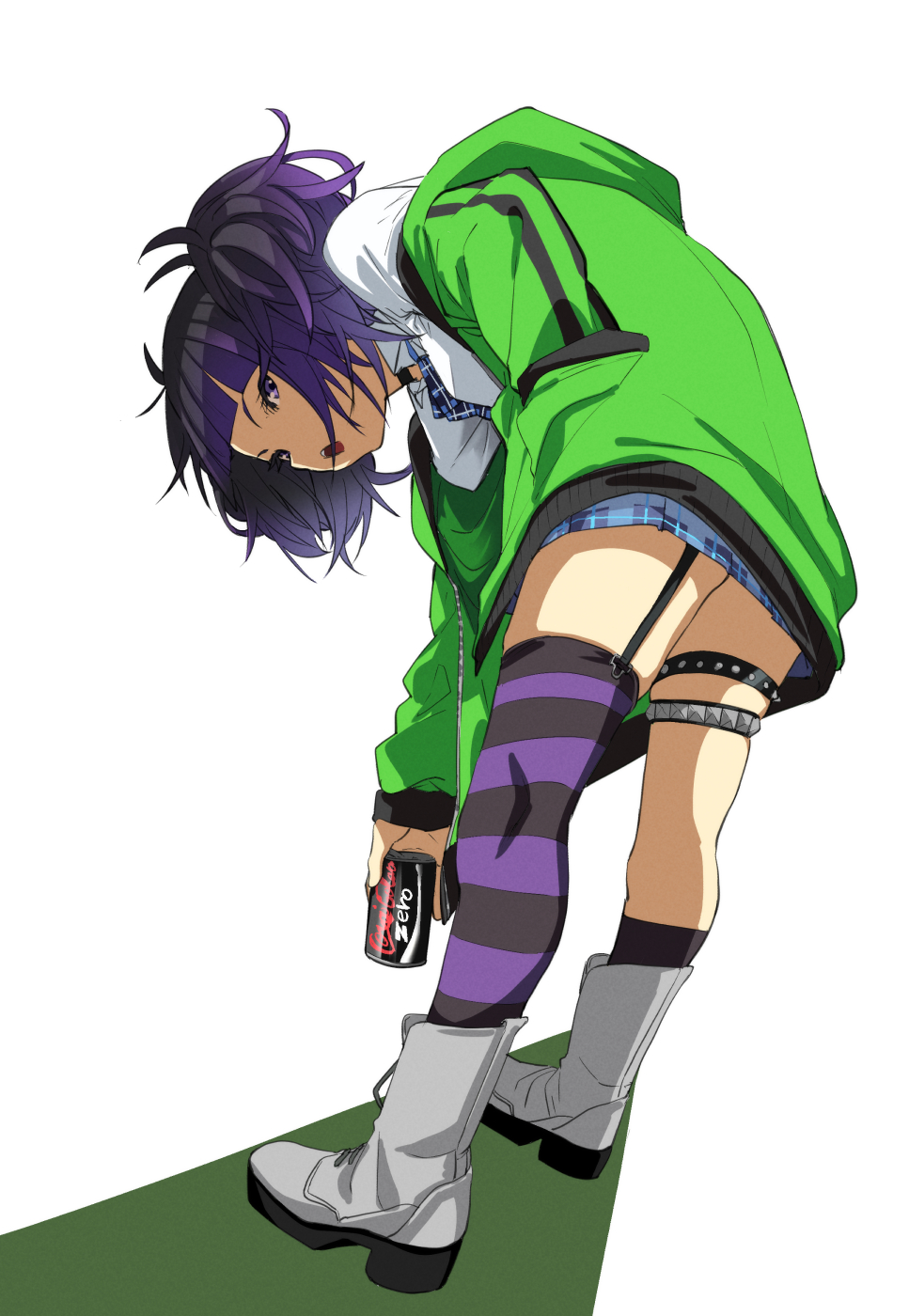 1girl, asymmetrical_legwear, black_choker, black_socks, blue_skirt, boots, can, choker