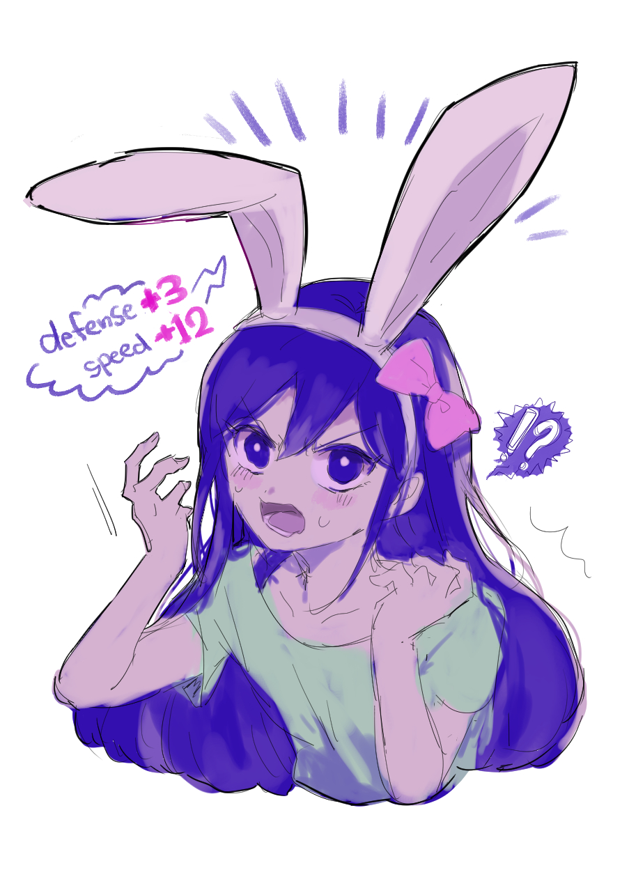 !?, 1girl, animal_ears, aubrey_(headspace)_(omori), aubrey_(omori), blush, bow, colored_skin, commentary_request, dancing_omochi, english_text, fake_animal_ears, green_shirt, highres, long_hair, looking_at_viewer, omori, open_mouth, purple_eyes, purple_hair, rabbit_ears, shirt, short_sleeves, upper_body, white_skin