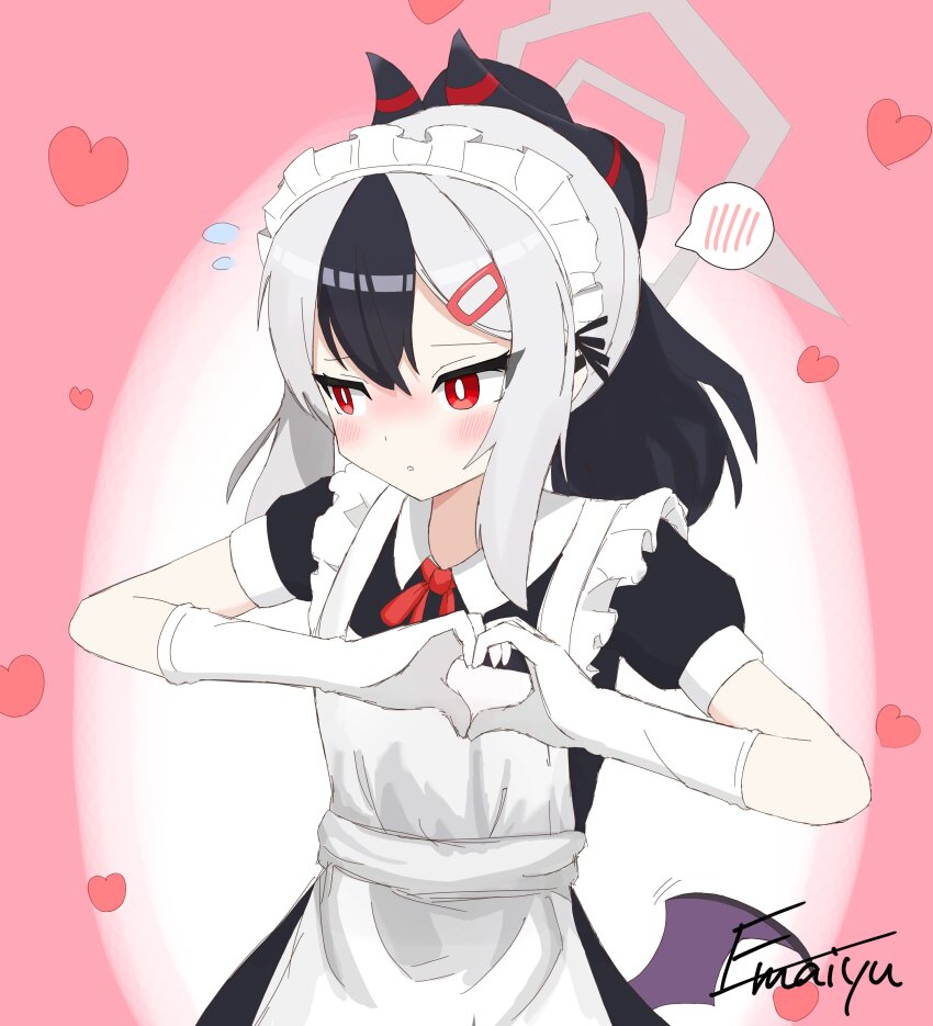1girl, absurdres, apron, black_dress, black_hair, black_horns, blue_archive, blush, bright_pupils, dress, emaiyu, flying_sweatdrops, gloves, grey_hair, grey_halo, hair_ornament, hairclip, halo, heart, heart_hands, highres, horns, kayoko_(blue_archive), maid, maid_headdress, multicolored_hair, red_eyes, short_sleeves, sidelocks, single_wing, solo, spoken_heart, two-tone_hair, white_apron, white_gloves, white_pupils, wings
