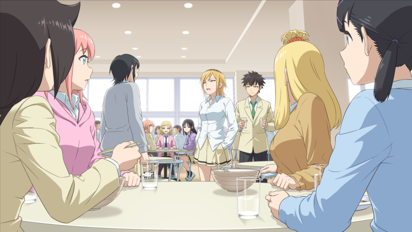 1boy, 6+girls, :d, annoyed, bags_under_eyes, black_hair, black_pants, black_socks, blazer, blonde_hair, blue_eyes, blue_sweater, bowl, breasts, brown_eyes, brown_sweater, buttons, cafeteria, cardigan, chair, chopsticks, collared_shirt, commentary_request, cup, drinking_glass, faceless, faceless_female, faceless_male, fang, glass, glasses, green_eyes, green_necktie, grey_sweater, hair_ornament, hair_scrunchie, hands_in_pockets, highres, holding, holding_chopsticks, holding_cup, hood, hood_down, hoodie, ichikawa_masahiro, indoors, itou_hikari, jacket, komiyama_kotomi, kuroki_tomoki, kuroki_tomoko, long_sleeves, looking_at_another, maki_(watamote), medium_breasts, mima_sachi, minami_koharu, miniskirt, multicolored_hair, multiple_girls, necktie, nemoto_hina, okada_akane, on_chair, open_cardigan, open_clothes, open_mouth, orange_scrunchie, pants, people, pink_cardigan, pink_hair, pink_hoodie, pleated_skirt, purple_eyes, purple_necktie, purple_sweater, roots_(hair), school_uniform, scrunchie, shirt, shoes, short_hair, short_twintails, sidelocks, sitting, skin_fang, skirt, smile, socks, spiked_hair, standing, sweater, table, topknot, twintails, two-tone_hair, untucked_shirt, uwabaki, watashi_ga_motenai_no_wa_dou_kangaetemo_omaera_ga_warui!, white_shirt, white_shoes, window, x_hair_ornament, yellow_jacket, yellow_skirt, yoshida_masaki