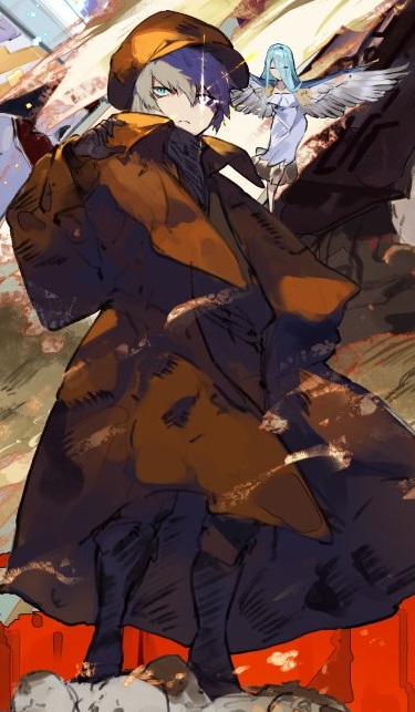 1boy, blue_eyes, boots, brown_jacket, grey_hair, hand_up, hat, ishura