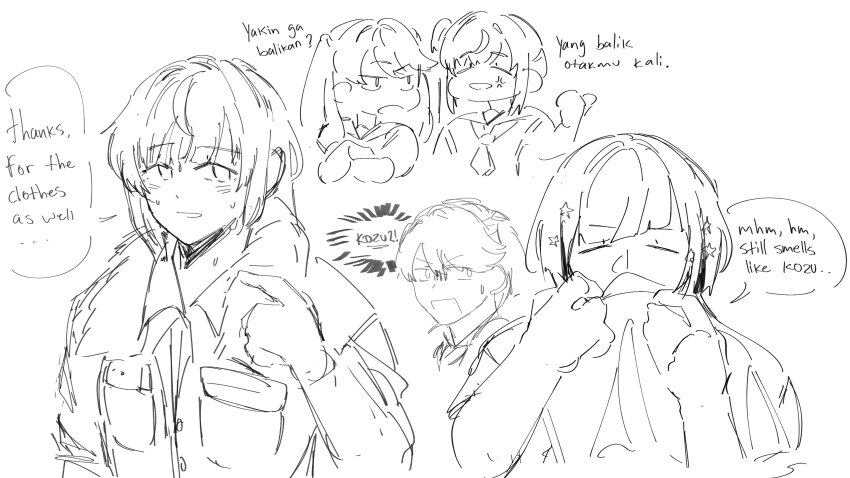 3girls, absurdres, after_bathing, anger_vein, bob_cut, borrowed_clothes, breast_pocket, check_translation