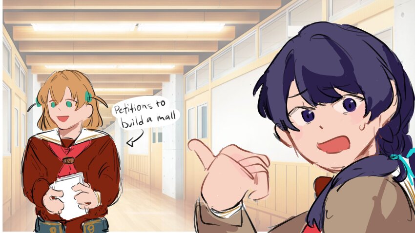 2girls, :d, absurdres, aqua_eyes, arrow_(symbol), blue_eyes, blue_hair, blue_ribbon