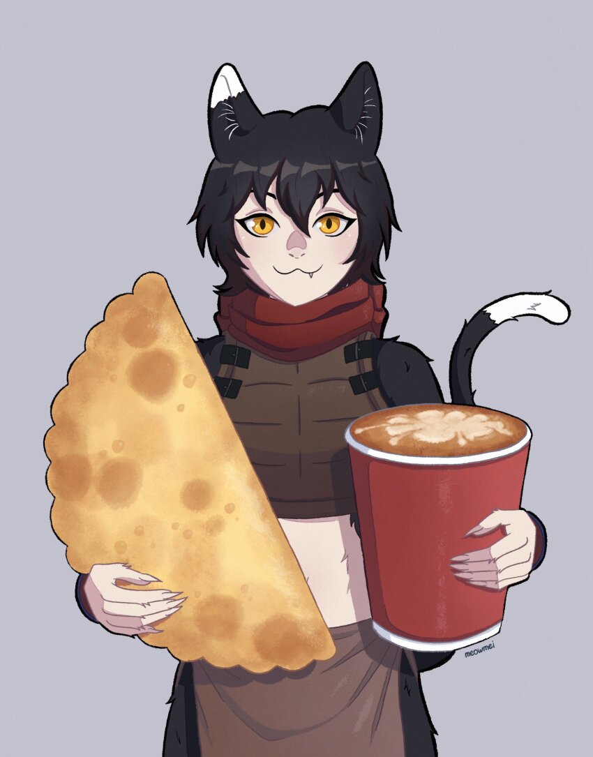 1girl, :3, armor, black_fur, black_hair, body_fur, cat_girl, cat_tail, closed_mouth, cup, disposable_cup, dungeon_meshi, fang, food, grey_background, highres, holding, holding_food, izutsumi, leather_armor, looking_at_viewer, meowmei, mismatched_animal_ear_colors, pastry, photo-referenced, red_scarf, scarf, short_hair, simple_background, solo, tail, white_fur, yellow_eyes