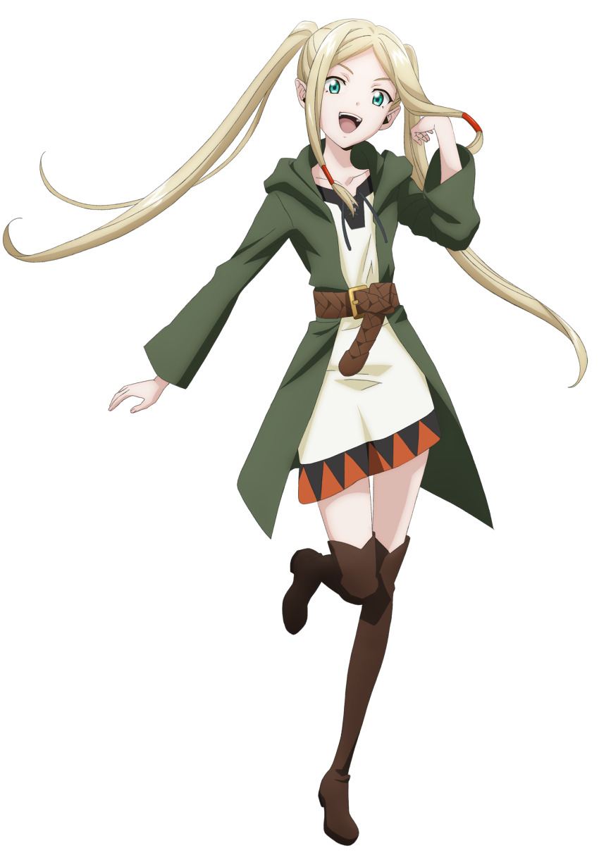 1girl, absurdres, black_shorts, blonde_hair, blue_eyes, boots, dress, green_jacket, hand_up, highres, ishura, jacket, kia_the_world_word, long_hair, looking_at_viewer, open_clothes, open_jacket, open_mouth, shorts, smile, tongue, transparent_background, very_long_hair, white_dress