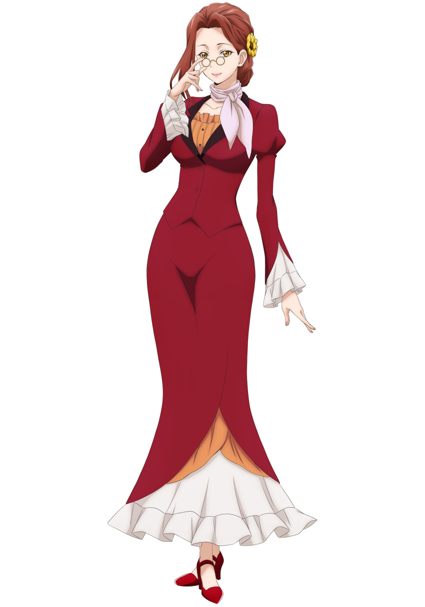 1girl, absurdres, brown_hair, closed_mouth, dress, elea_the_red_tag, flower, glasses, hand_up, highres, ishura, long_sleeves, red_dress, shoes, smile, sunflower, transparent_background