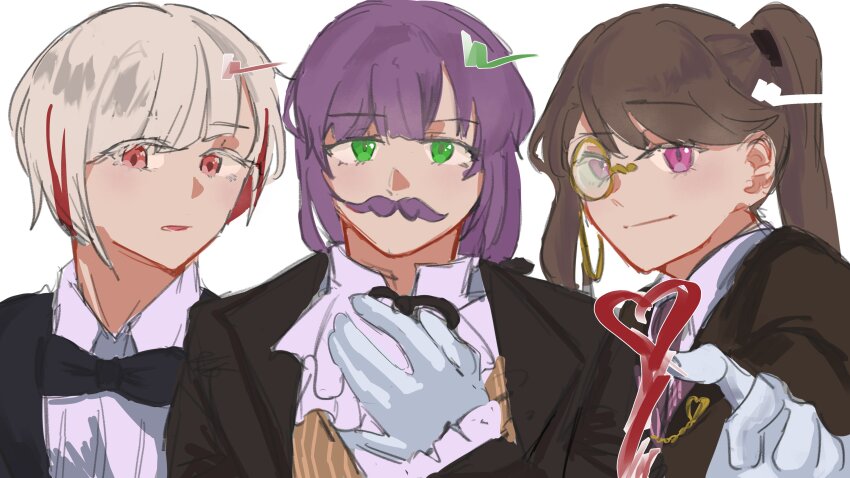 3girls, absurdres, ascot, black_bow, black_bowtie, black_jacket, bow, bowtie