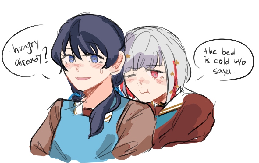 2girls, absurdres, apron, black_choker, blue_apron, blue_eyes, blue_hair, blue_neckerchief