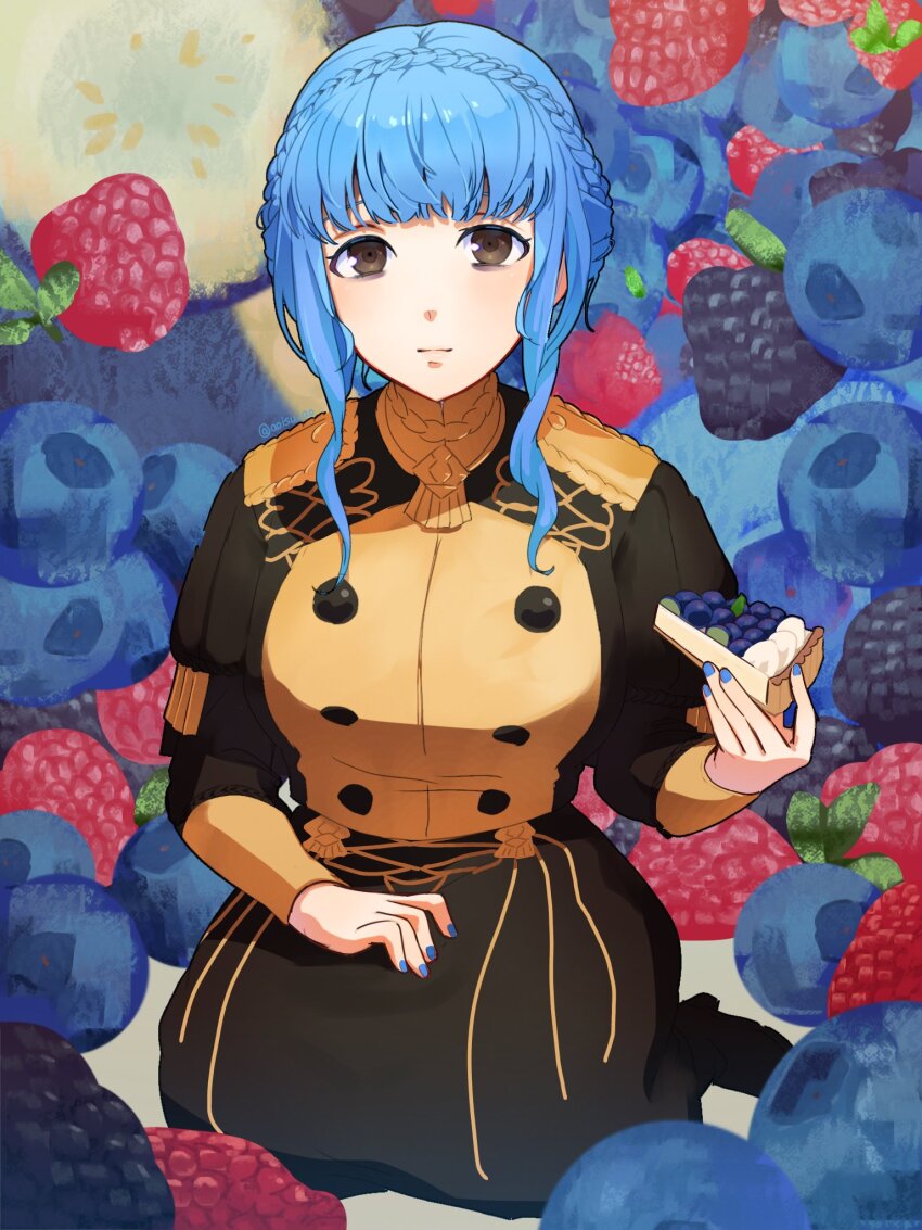1girl, aoisu_ao, bags_under_eyes, blackberry_(fruit), blue_hair, blue_nails, blueberry, braid