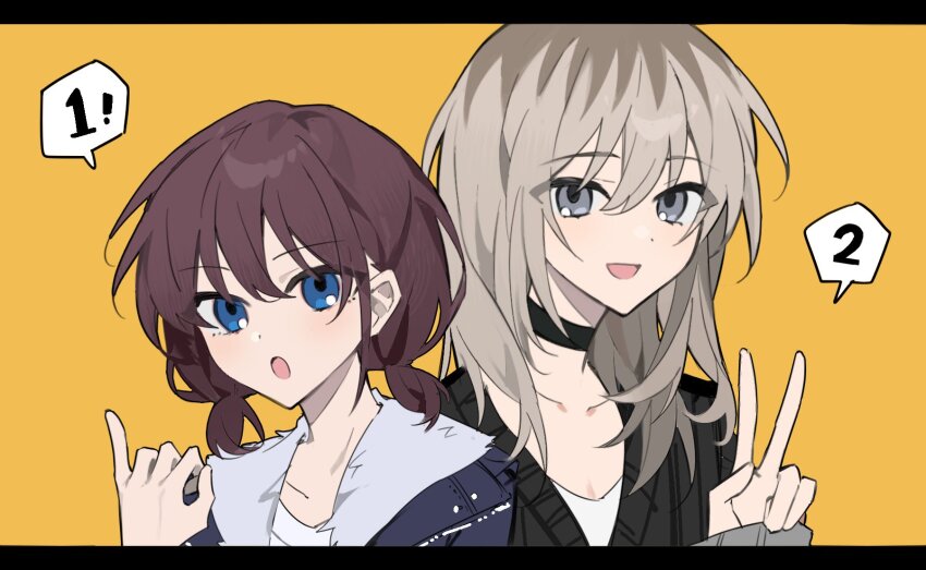 2girls, black_choker, black_sweater, blue_eyes, blue_jacket, choker, commentary, english_commentary