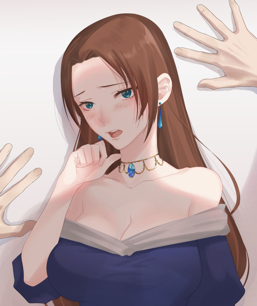 absurdres, bare_shoulders, blue_eyes, blush, breasts, brown_hair, cleavage, collarbone