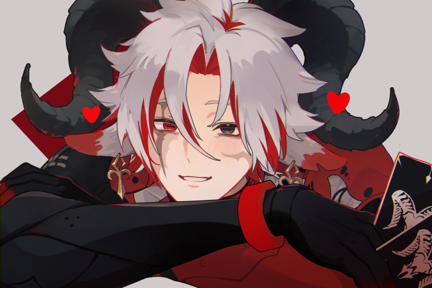 1boy, animal_ears, black_gloves, black_horns, blush, bracelet, burn_scar, card