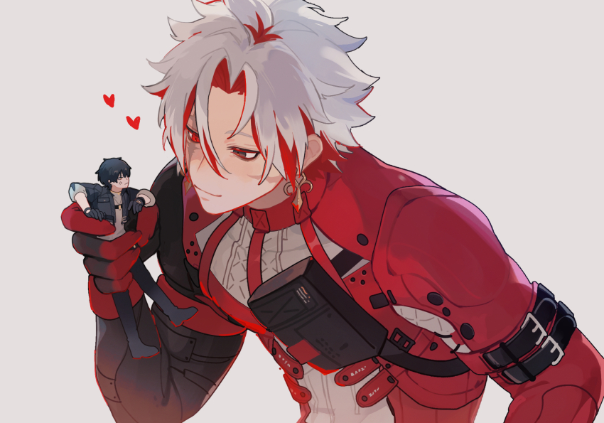 2boys, anger_vein, belt, black_belt, black_gloves, black_hair, blush, burn_scar