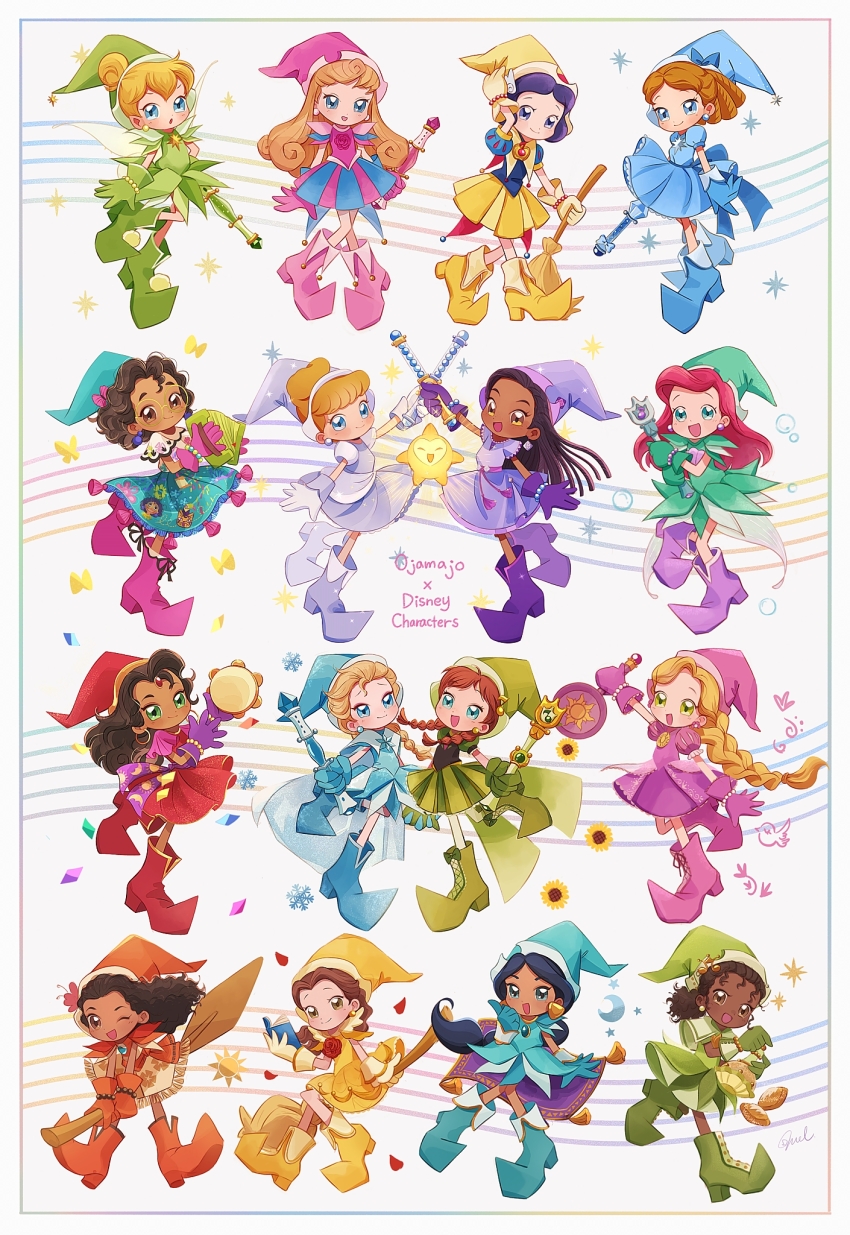 6+girls, :d, ;d, accordion, adapted_costume, aladdin_(movie), anna_(frozen), ariel_(disney), asha_(wish_(disney)), aurora_(disney), beauty_and_the_beast_(disney), belle_(disney), black_hair, blonde_hair, blue_eyes, book, boots, bracelet, braid, broom, brown_eyes, brown_hair, bug, butterfly, cinderella_(disney_character), cinderella_(disney_movie), confetti, dark-skinned_female, dark_skin, disney, dress, earrings, elsa_(frozen), encanto, esmeralda_(disney), fairy_wings, flower, frozen_(disney), frying_pan, glasses, gloves, green_eyes, hair_bun, hair_flower, hair_ornament, hat, highres, holding, holding_frying_pan, insect, instrument, jasmine_(disney), jewelry, long_hair, magic_carpet, melchencanto, mirabel_madrigal, moana_(movie), moana_waialiki, multiple_girls, oar, ojamajo_doremi, one_eye_closed, open_mouth, parody, petals, ponytail, rapunzel_(disney), red_hair, ringlets, short_hair, single_braid, single_hair_bun, sleeping_beauty_(disney), smile, snow_white_(disney), snow_white_and_the_seven_dwarfs_(disney), star_(symbol), star_(wish_(disney)), style_parody, tambourine, tangled, the_hunchback_of_notre_dame_(disney), the_little_mermaid_(disney), the_princess_and_the_frog_(disney), tiana_(the_princess_and_the_frog), tinker_bell_(disney), twin_braids, waist_ribbon, walt_disney's_peter_pan, wand, wendy_darling, wings, wish_(disney), witch_hat